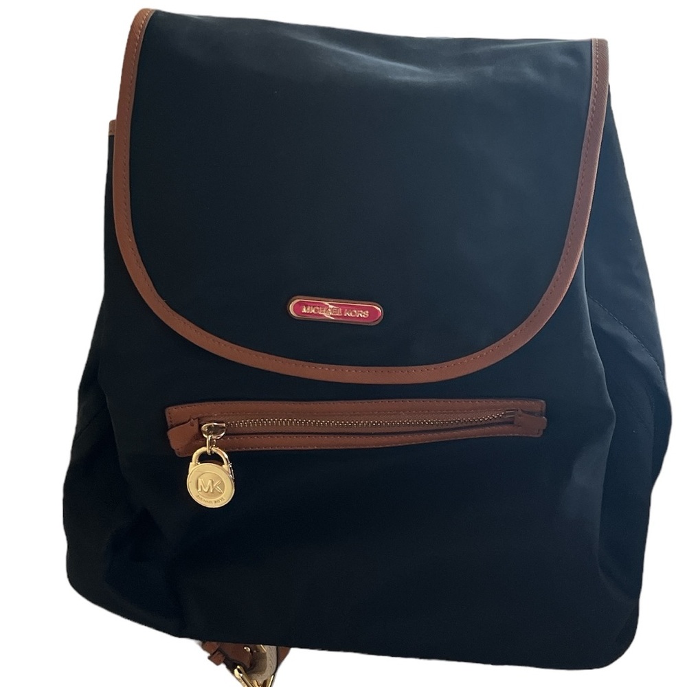 Michael Kors Black Nylon Backpack Bag with Brown Trim and Cream Canvas Straps - Picture 3 of 8